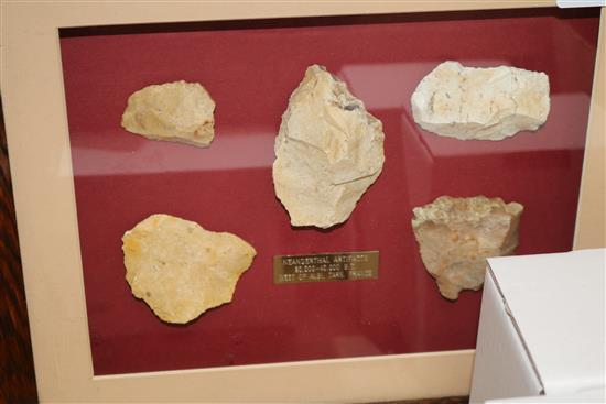 Three small framed displays of prehistoric flint tools, etc.,